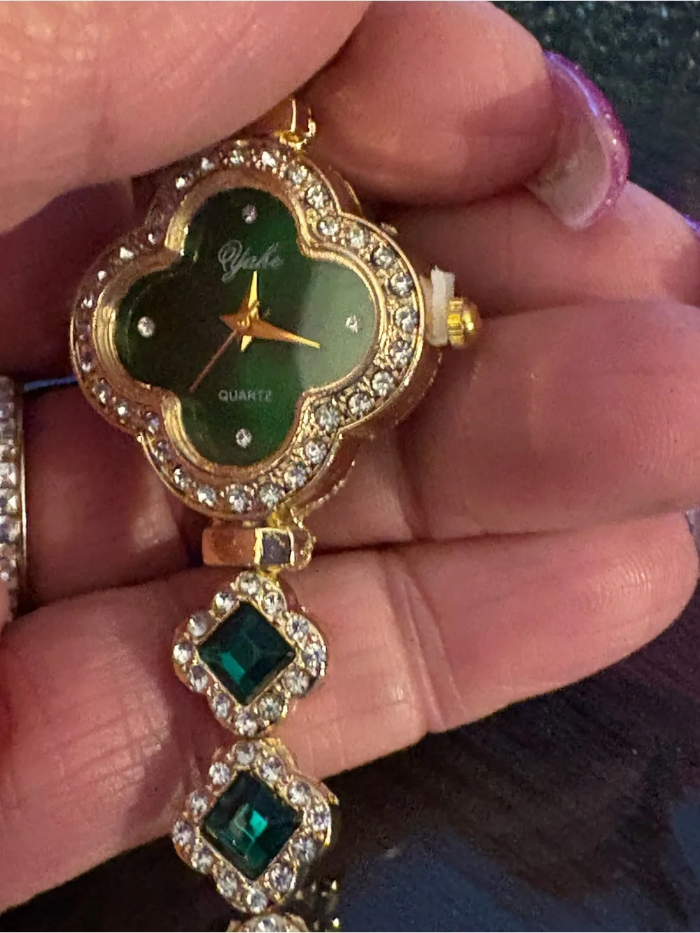 Watch-Emerald Green simulated 4 Leaf Clover GOLD TONE Watch Diamond like Bracel